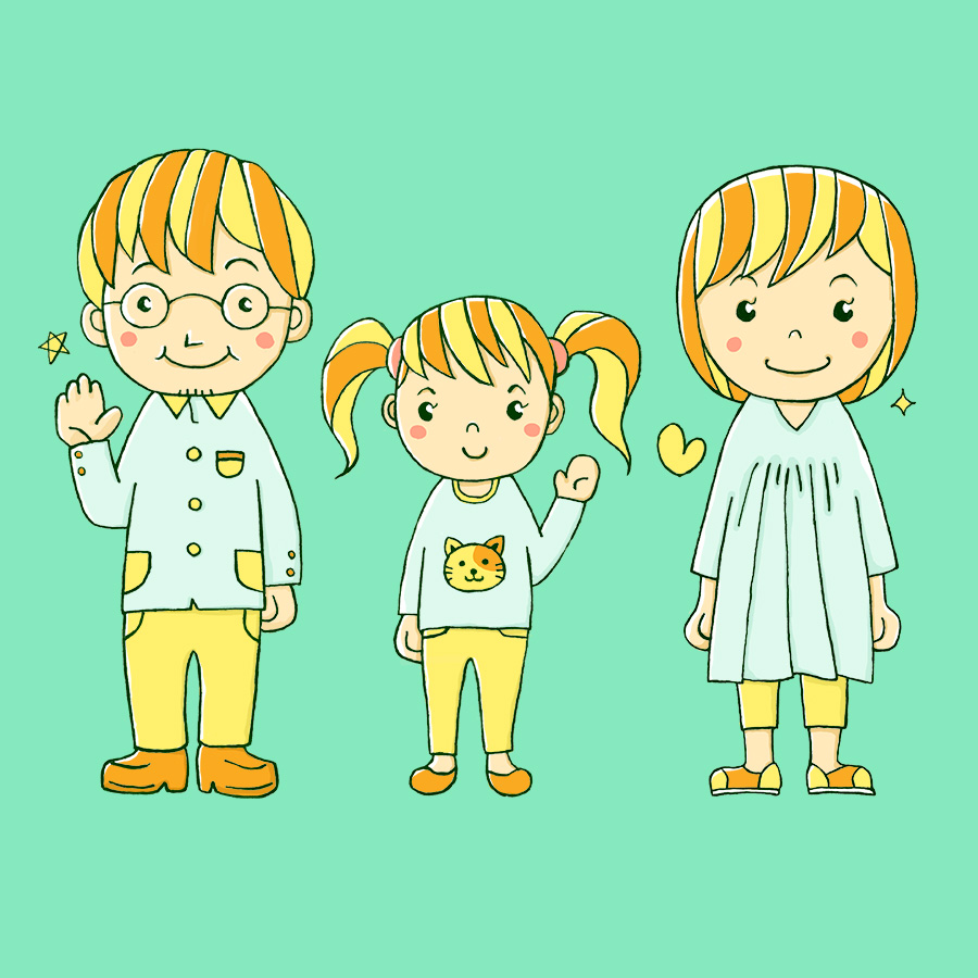 パパとママと娘が並んで手を降るイラスト