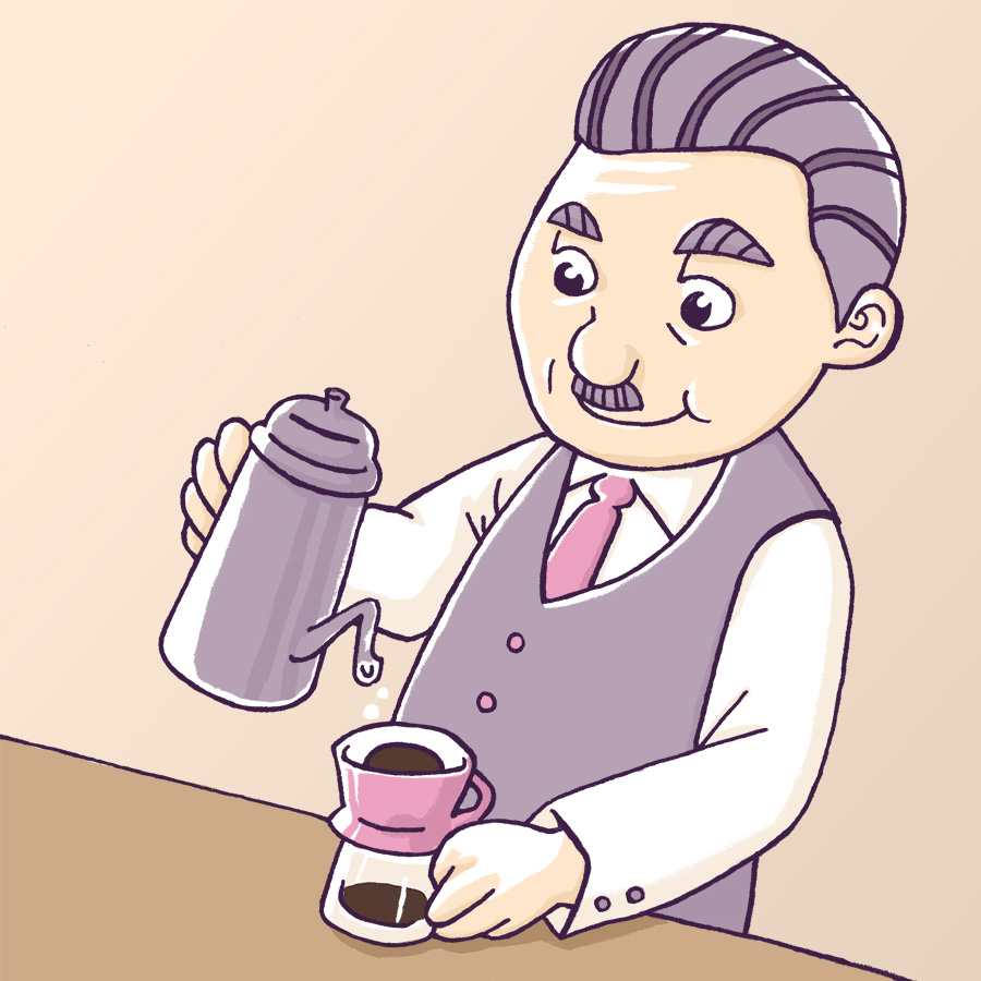 コーヒーを注ぐ年配のカフェマスターの男性のイラスト
