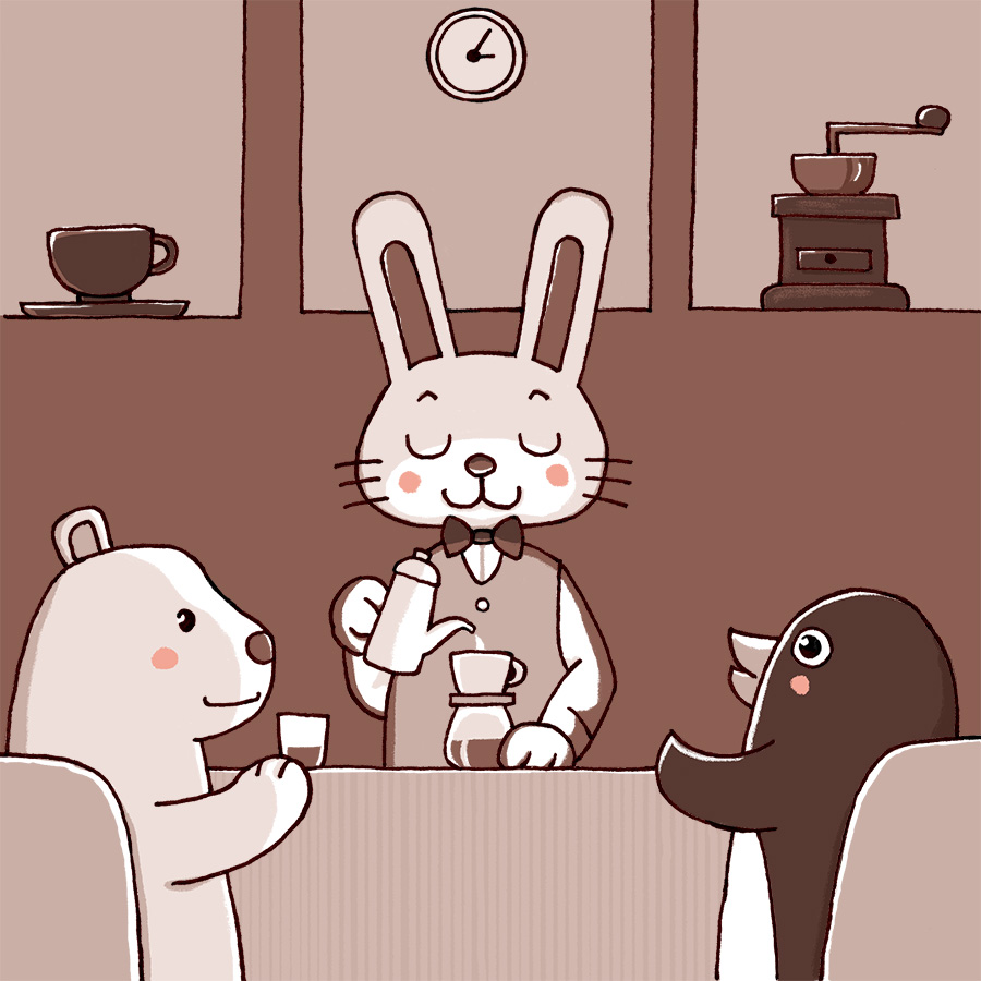 うさぎのマスターが営むカフェでコーヒーを飲むしろくまとペンギンのイラスト