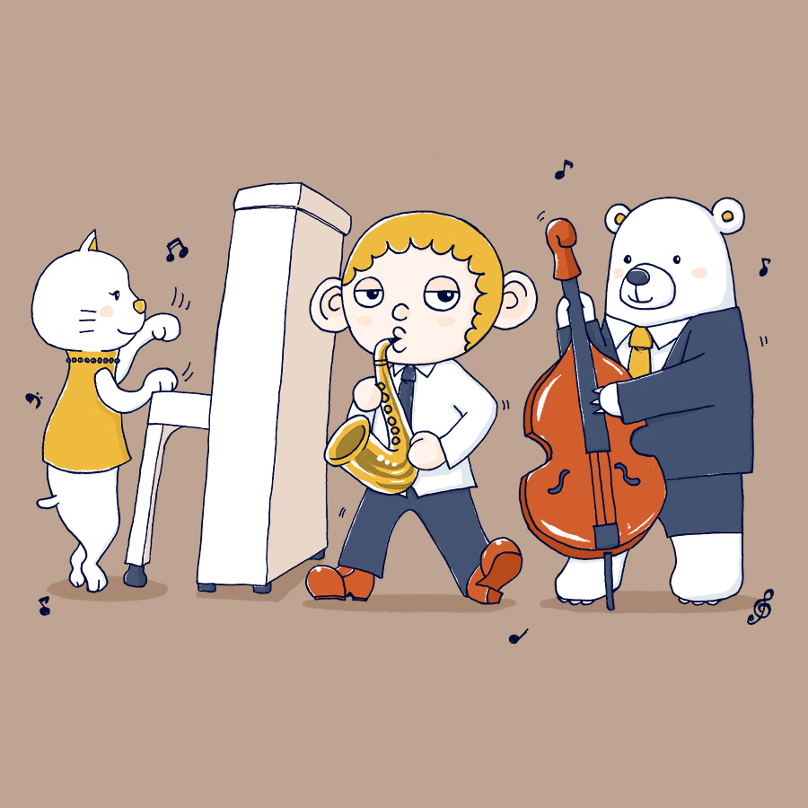 ねこ・さる・くまのジャズトリオが演奏しているイラスト