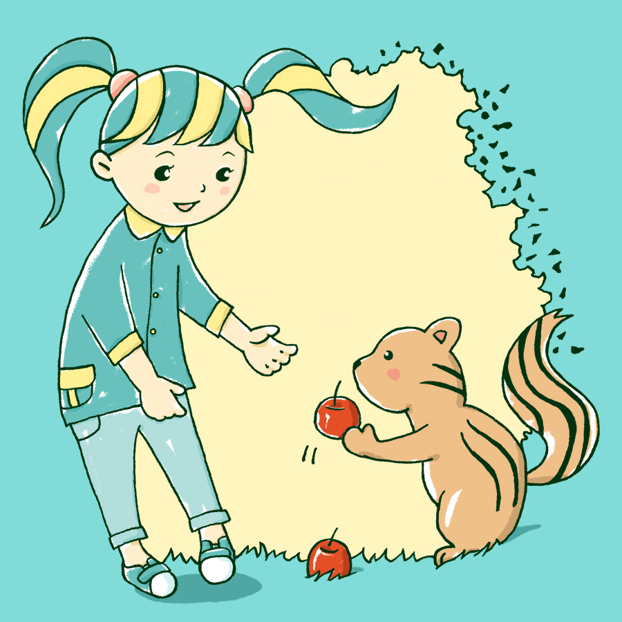 リスと遊ぶ女の子のイラスト