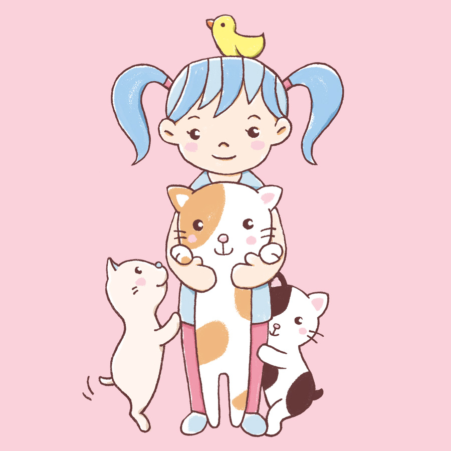 猫たちと戯れる女の子のイラスト