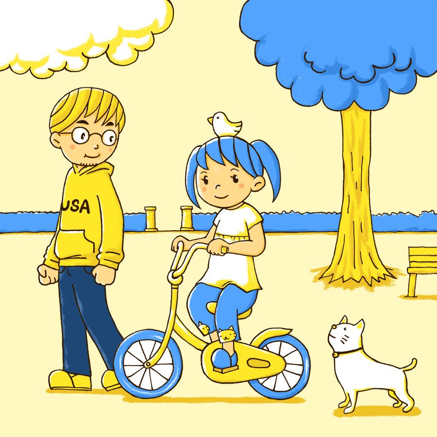 公園で自転車に乗る親子のイラスト