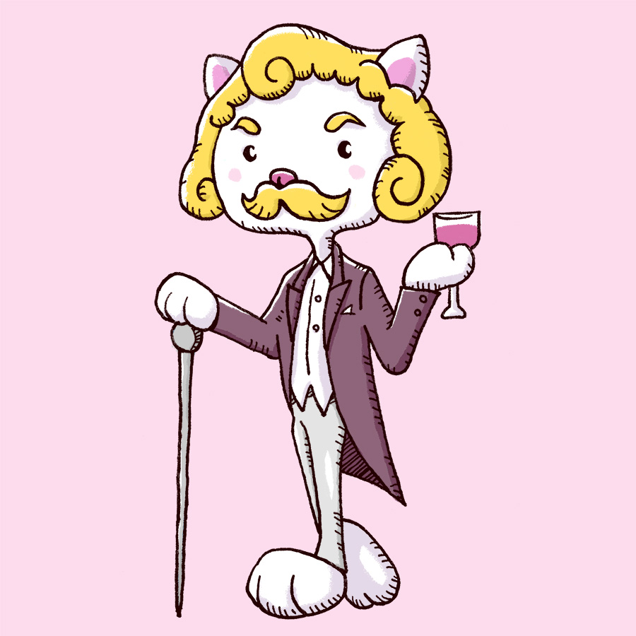 杖とワインを持つ貴族風の猫のイラスト