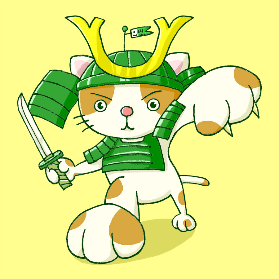 甲冑を着た侍風の猫のイラスト