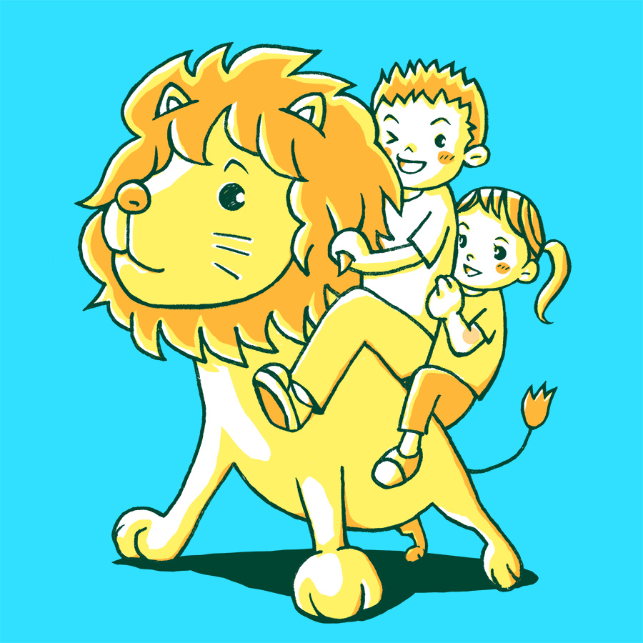 ライオンに乗る兄妹のイラスト