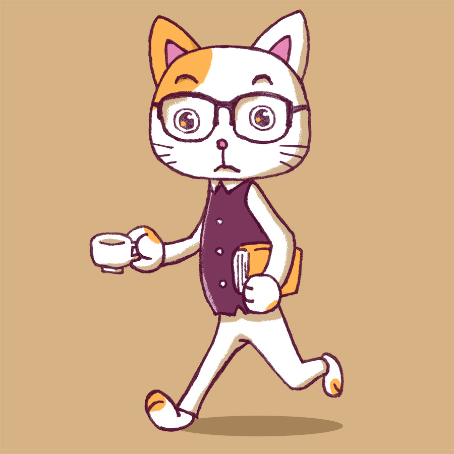 眼鏡をかけたインテリ猫が歩いているイラスト