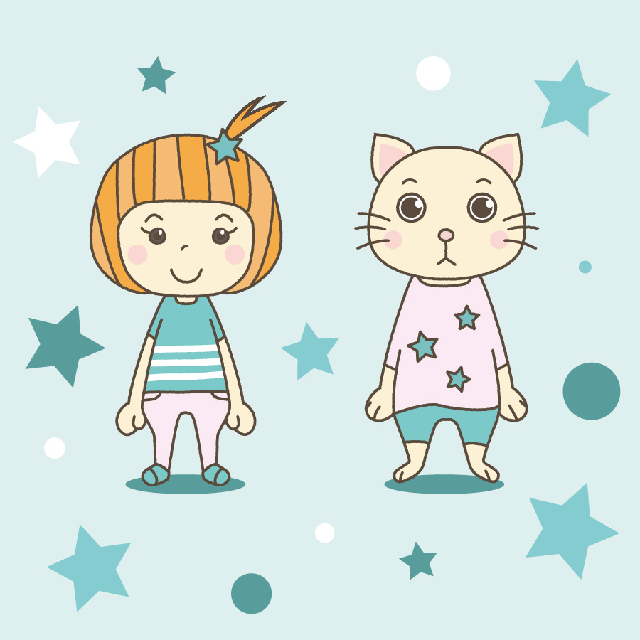 手をひろげて立つ女の子と猫のイラスト