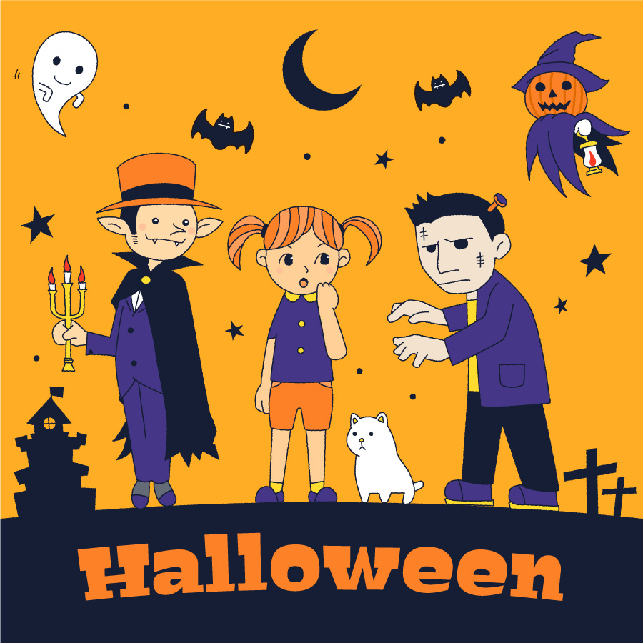 ハロウィンの仮装をした女の子とモンスターのイラスト