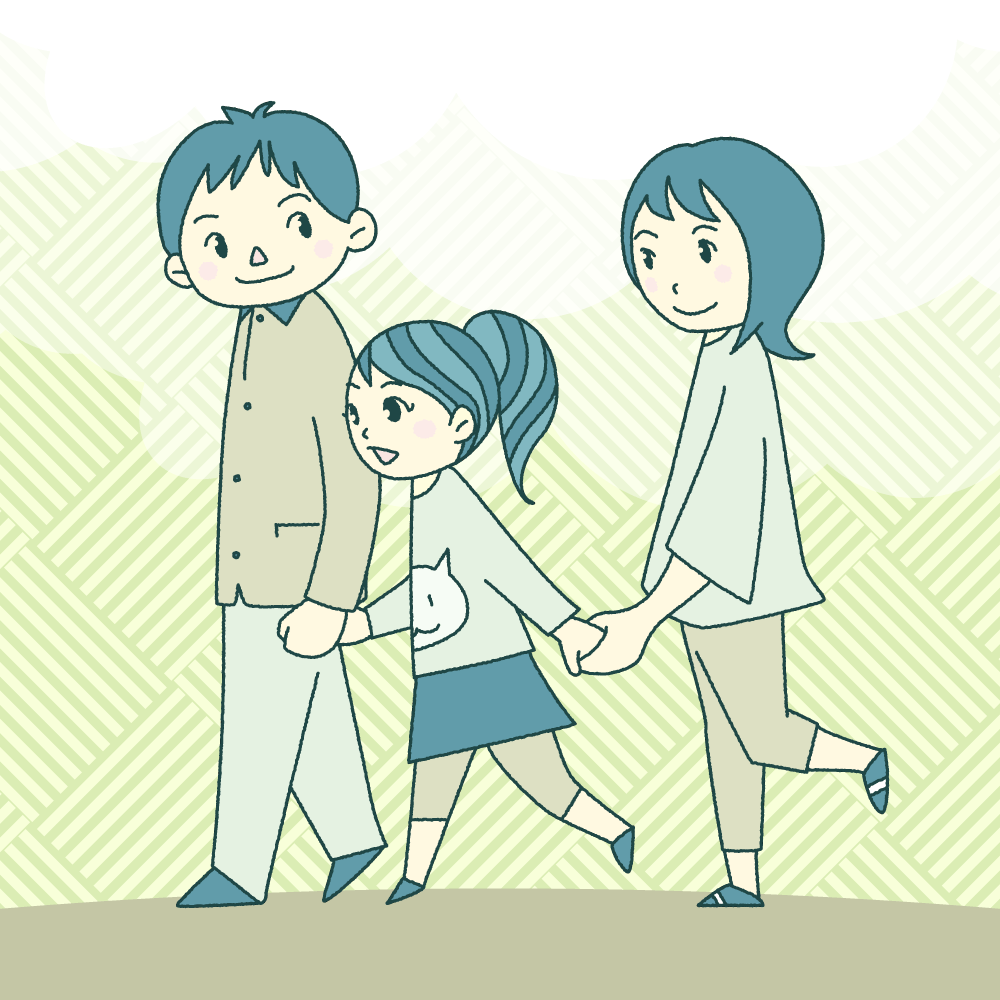 親子3人が歩いているイラスト