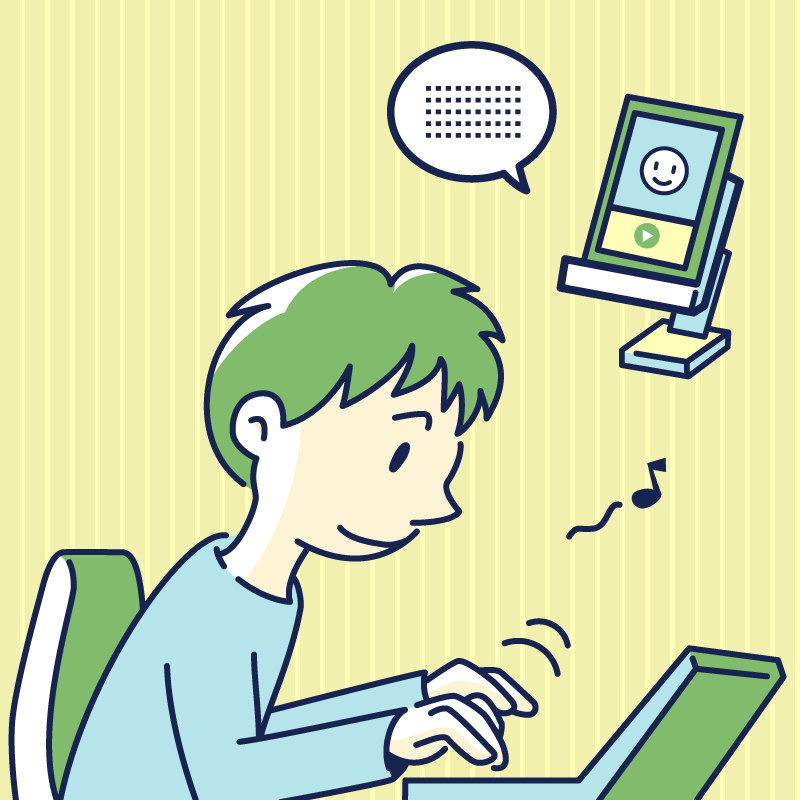 ポッドキャストを聞きながらパソコンで作業する男性のイラスト